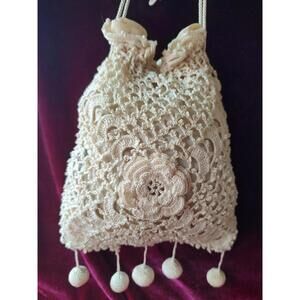 Vintage 1953 Crochet Drawstring Purse w/ Box & Handwritten Note Florentine Ivory